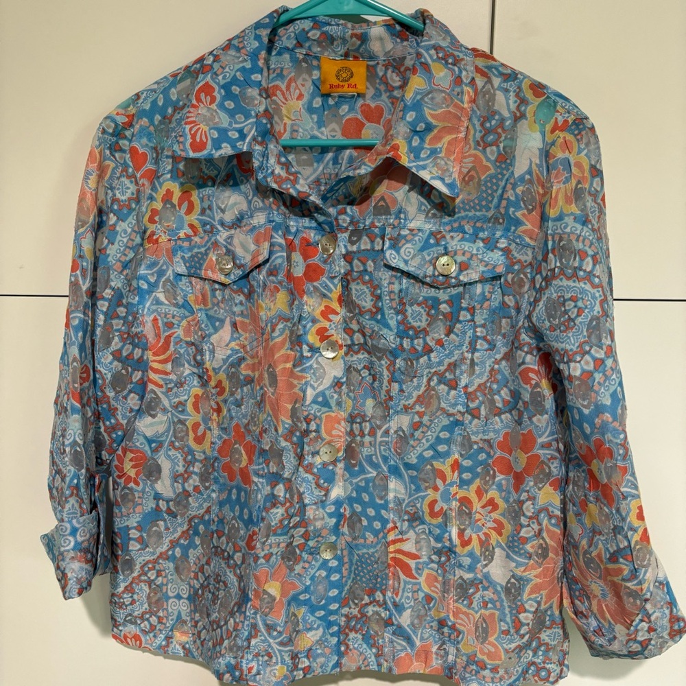 Vintage Ruby Rd Womens Top Large Sheer Roll Tab Sleeve Cropped Button Down Blue